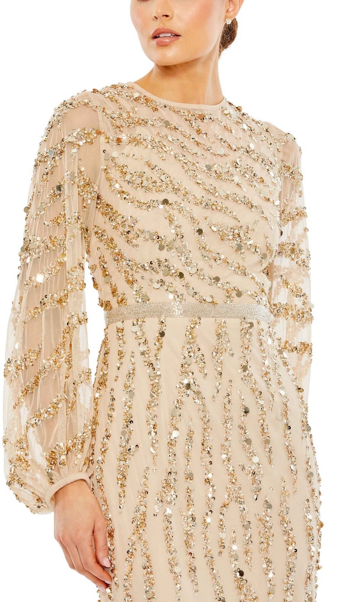 A person wears the Mac Duggal 93789, a long sleeve gold formal dress with nude fabric and gold sequin stripes. Their face is partially out of frame.